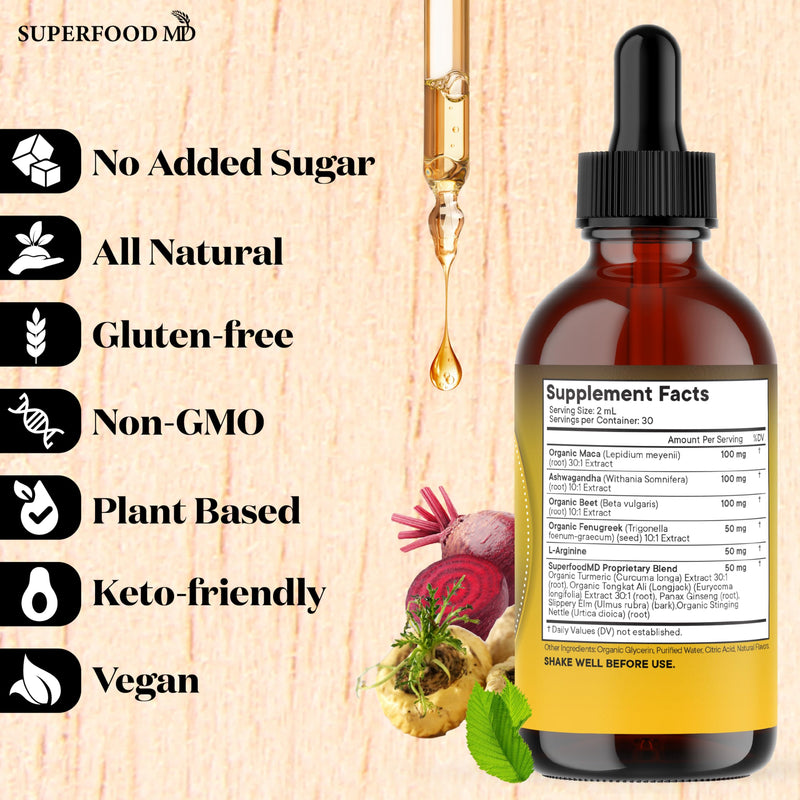 Superfood MD Maca Root Liquid Drops with Ashwagandha, Nettle, Fenugreek, Beet Root and L-Arginine Liquid Multivitamin for Women and Men - 4 Oz 2 Fl Oz (Pack of 2)