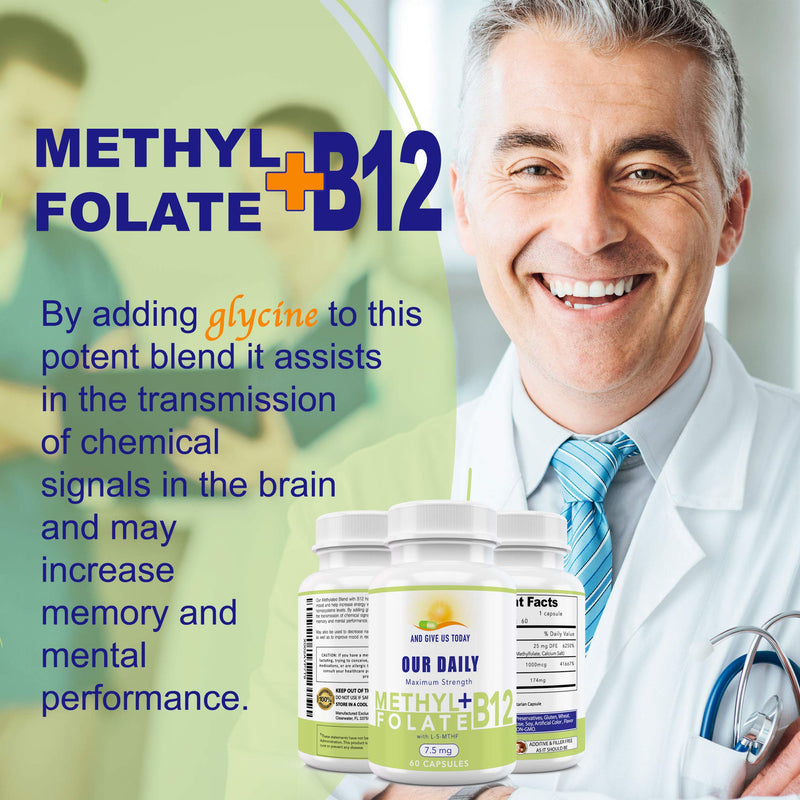 L-Methylfolate 7.5 mg N B 12 1000 mcg 60 Capsules - Methylated Glycine - Boost Mood, Energy & Memory - Immune Support & VItamin Supplement for Men & Women - Non-GMO, Vegetarian Capsules