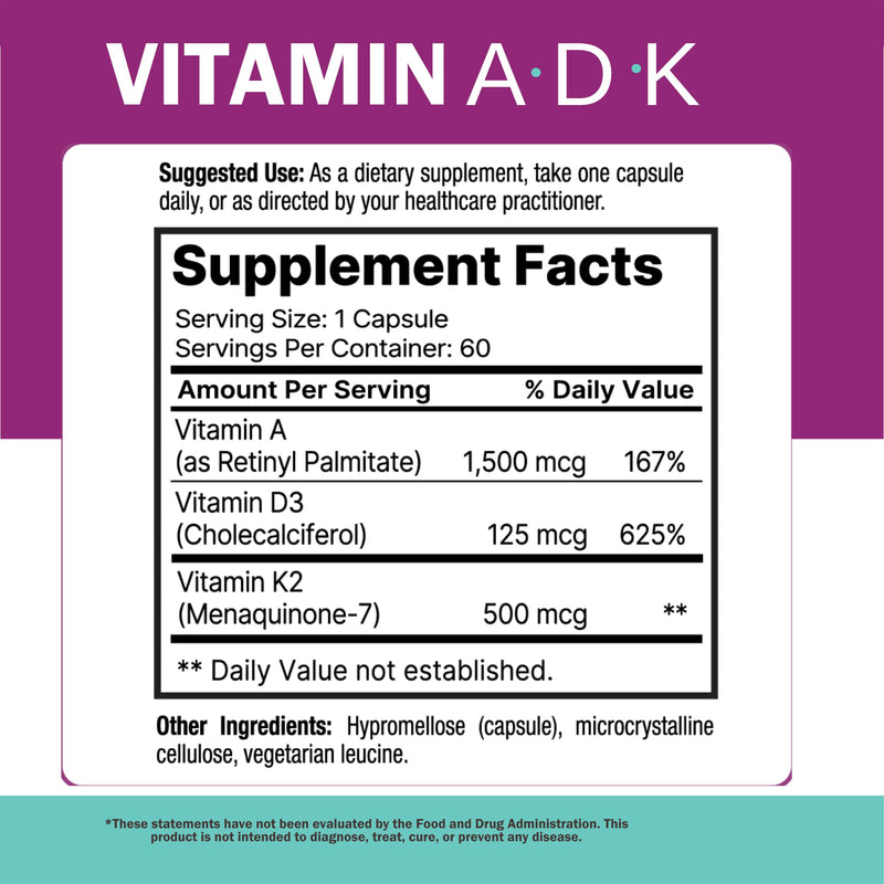 NatureGenX ADK Vitamin Supplement – Vitamins A, D3 & K2 MK-7 for Bone Health & Calcium Absorption – Gluten-Free, Non-GMO, Soy-Free – 120 Capsules, 2-Pack (4-Month Supply) | For Bone Health & Calcium Absorption - Immune Support, Gluten-Free, Non-GMO, So...