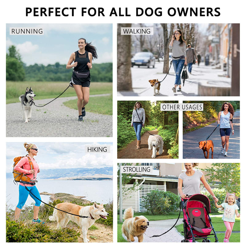 Hands Free Dog Leash, Waist Running Leash with Zipper, Walking Pouch for Medium Large Dogs, Dual Handle and Retractable Bungee for Training Jogging Hiking Black/Black