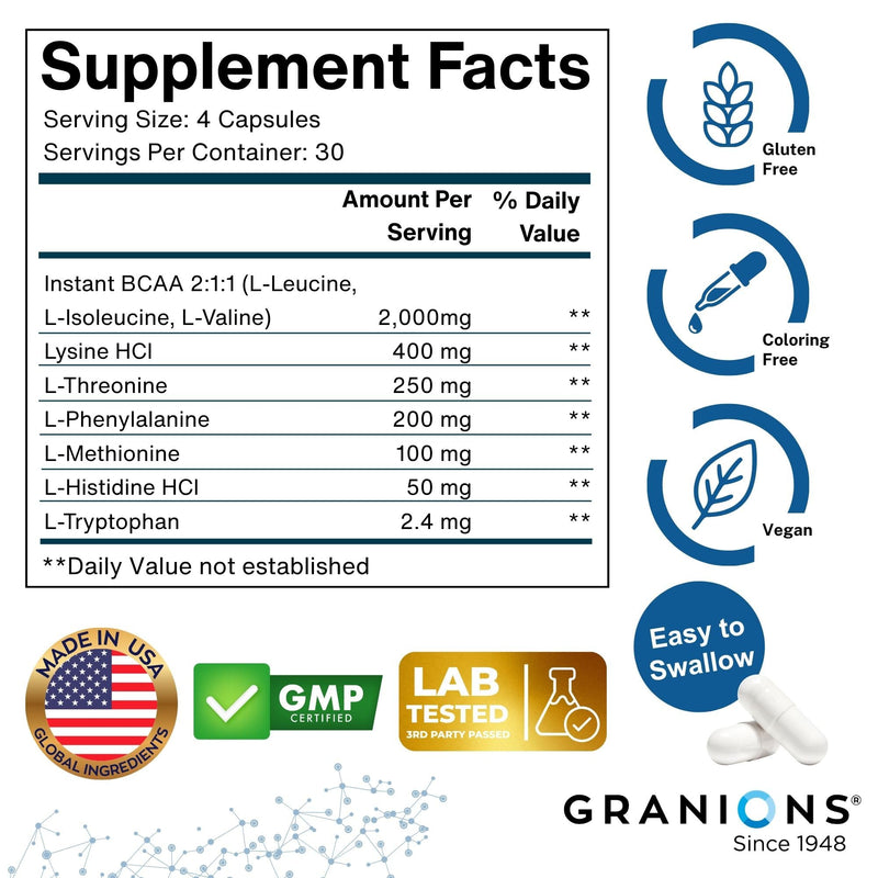 Essential Amino Acids Supplement for Men & Women - All 9 BCAAs EAA Supplements Formula - Leucine Amino Acid, Lysine, Tryptophan, Advanced Amino Energy & Muscle Recovery - 240 Vegan BCAA Capsules Amino (2x120 units)