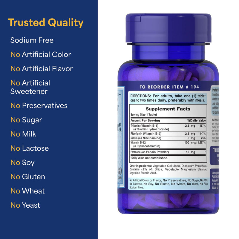 Puritan's Pride Premium Vitamin B-Complex and Vitamin B-12, 180 Tablets | Vegetarian Dietary Supplement for Cellular Energy Production, Maintains Health of Skin and Nerve Support