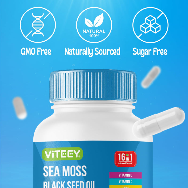 Viteey Sea Moss Capsules with Black Seed Oil - 16in1 MineralGuard | Irish Sea Moss Supplement with Bladderwrack, Burdock Root & Ashwagandha – Immune & Mineral Support - 60 Capsules