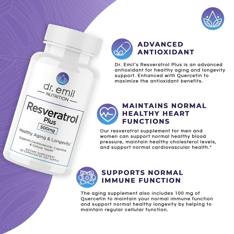 Dr. Emil 500mg Resveratrol, 100mg Quercetin, Healthy Aging, 60 Capsules | Healthy Aging Formula with 500mg Resveratrol and 100mg Quercetin to Support Normal Cellular and Cognitive Health