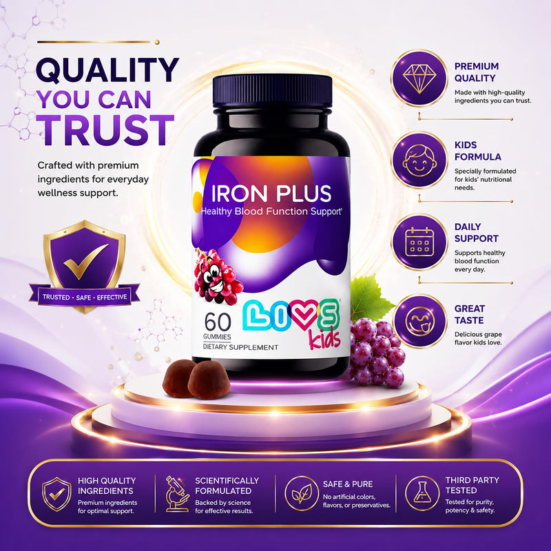 LIVS Iron Supplement for Kids with Vitamin C, A, B3, B5, B6, B12, Biotin, Zinc & Folate | Non-GMO, Gluten Free Chewable Supplement as Gummy for Energy Boost & Anemia Support - 60 Count Kids - Iron Plus 60 Count (Pack of 1)