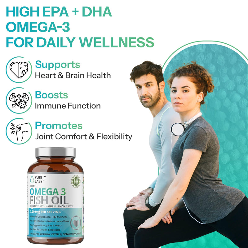 Purity Labs Omega 3 Fish Oil 3000mg – DHA & EPA Omega 3 Fatty Acid Supplements to Support Heart and Brain Health - Immune Support Supplement - 180 Softgels (60 Servings) 1