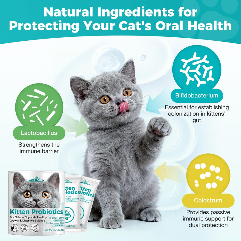 Cat Probiotics，Veterinary-Formulated Kitten Probiotics with Colostrum - 30 Count Individual Packets,Diarrhea Relief, Immune & Digestive Health Support for Kittens Kitten Formula
