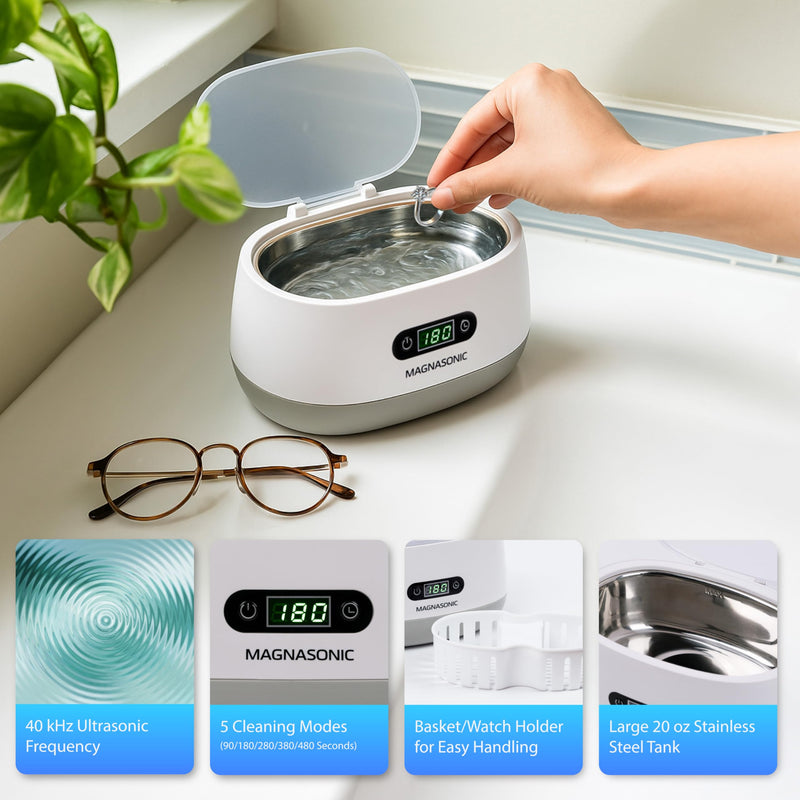 Magnasonic Ultrasonic Cleaner - 20oz Tank Ultrasonic Jewelry Cleaner & Ultrasonic Retainer Cleaner, Digital Timer, 5 Cleaning Modes for Glasses, Rings, Dentures, Tools, Aligners (UC22) Ultrasonic Machine White