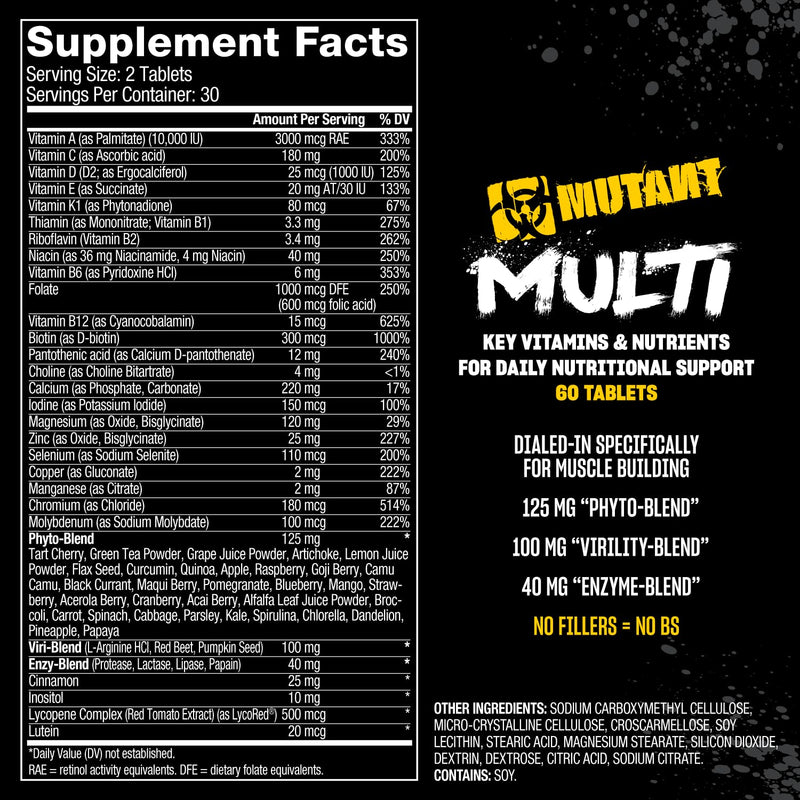 Mutant Multi, Multivitamin, 70 Vitamins, Minerals & Antioxidants, 60 Caps Unflavored 1 Count (Pack of 1)