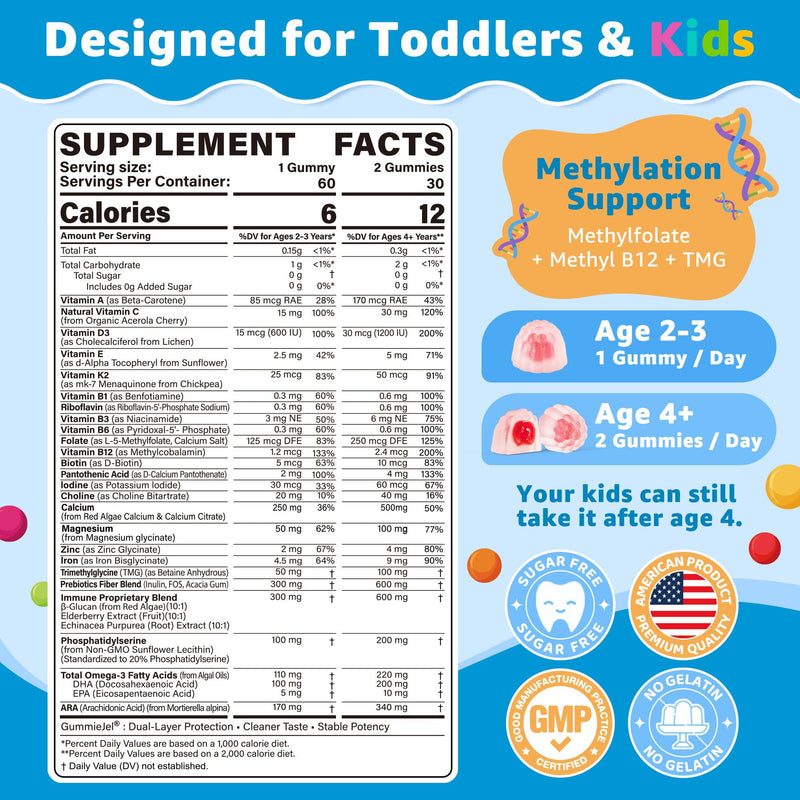 Toddler 2-3 & Kids 4+ Multivitamin Gummies w/ Iron, Omega-3, ARA, Calcium, Prebiotic, Methylated Picky Eater Vitamins for Kids 2+ Growth & Development | Vitamin C, D3 K2, B12, Methylfolate, Sugar Free 60 Count (Pack of 1)