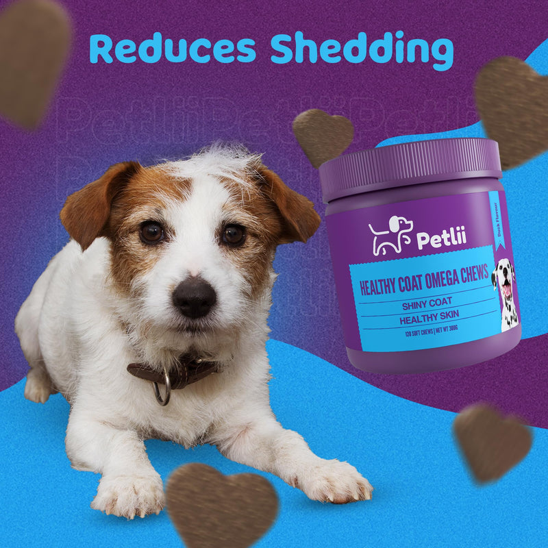 HEALTHY COAT OMEGA CHEWS - 120 Duck flavour Chews for Skin and Coat health. Omega 3, 6, 9, Biotin, Zinc, Fish Oils and Vitamins to relieve itching, allergies, dryness, patchiness and shedding