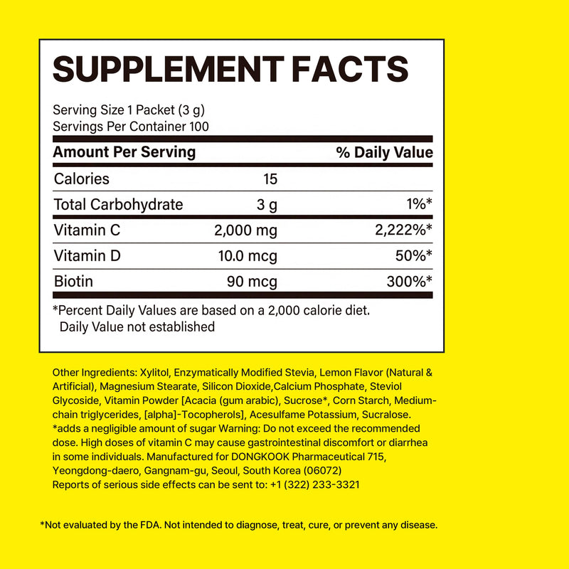 DONGKOOK Vita Pop Korean Vitamin C 2,000mg Powder Zero Sugar Vitamin D & Biotin Stick, Lemon Energy Drink Power Mix, Vitamin C Supplements, Immune Support, Antioxidant, Korean Supplements 100 Packets 0.11 Ounce (Pack of 100)
