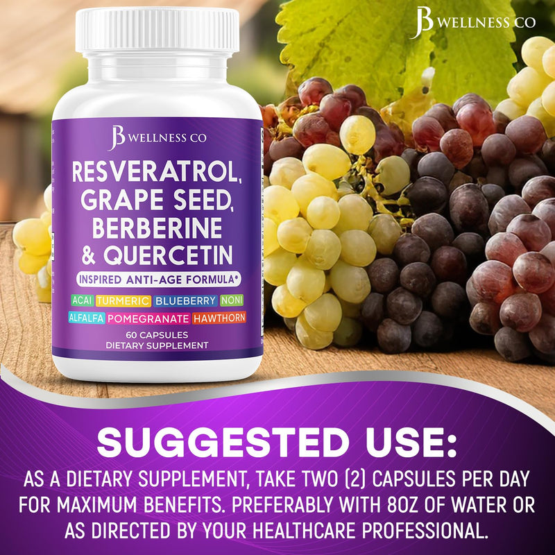 JB Wellness Resveratrol Grape Seed Extract, Berberine, Quercetin - Polyphenol Supplement for Women and Men with Noni, N-Acetyl Cysteine, Acai Extract - 60 Capsules 60 Count (Pack of 1)