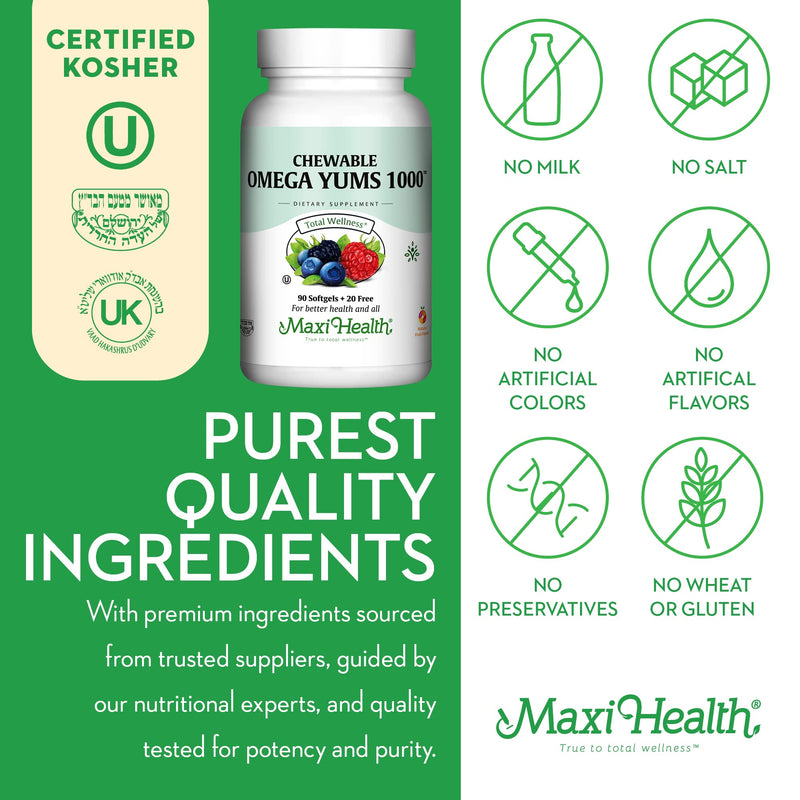 Maxi Health Omega Yums 1000 - Kid Friendly - Fruity Burst Flavor - 110 Softgel Capsules - Kosher | EPA-DHA High Potency, Fatty Acids, Heart, Brain, Joint Health, Fruity Burst Flavor, Kid Friendly, Kosher Certified Fruit Flavor 1000™ 110 Count (Pack of 1)