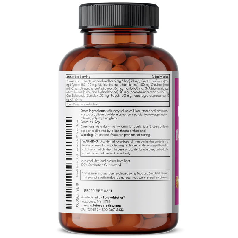 Futurebiotics Hair, Skin & Nails Beauty MultiVitamin with Biotin, Hair Vitamins and Skin Vitamins that Promote Healthy Hair and Nail, 180 Tablets 180 Count (Pack of 1)