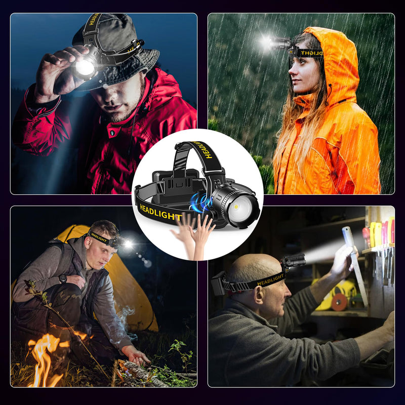 LED Headlamp High Lumens with Motion Sensor Super Bright, 3 Lighting Modes, Digital Display, Rechargeable, Waterproof Head Lamp, 90° Adjustable for Camping, Hiking, Fishing, Running Outdoor (1) 1