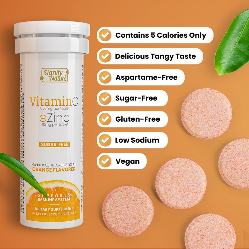 SIGNIFY NATURE Vitamin C 1000mg Effervescent Tablets with Zinc, 40CT | Potent Immune Support with Zinc, Sugar-Free & Vegan, Dissolvable Fizzy Tablet, Water Soluble, Easy Daily Vitamin C Boost Orange 40 Count (Pack of 1)