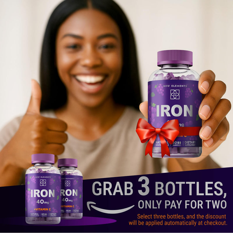 New Elements Iron Gummies 40mg with Vitamin C 100mg – Best Iron Supplement for Women, Men & Adults – Free Blood Builder for Anemia – Immune Support & Energy Booster | Fruit Pectin | Vegan | Non-GMO