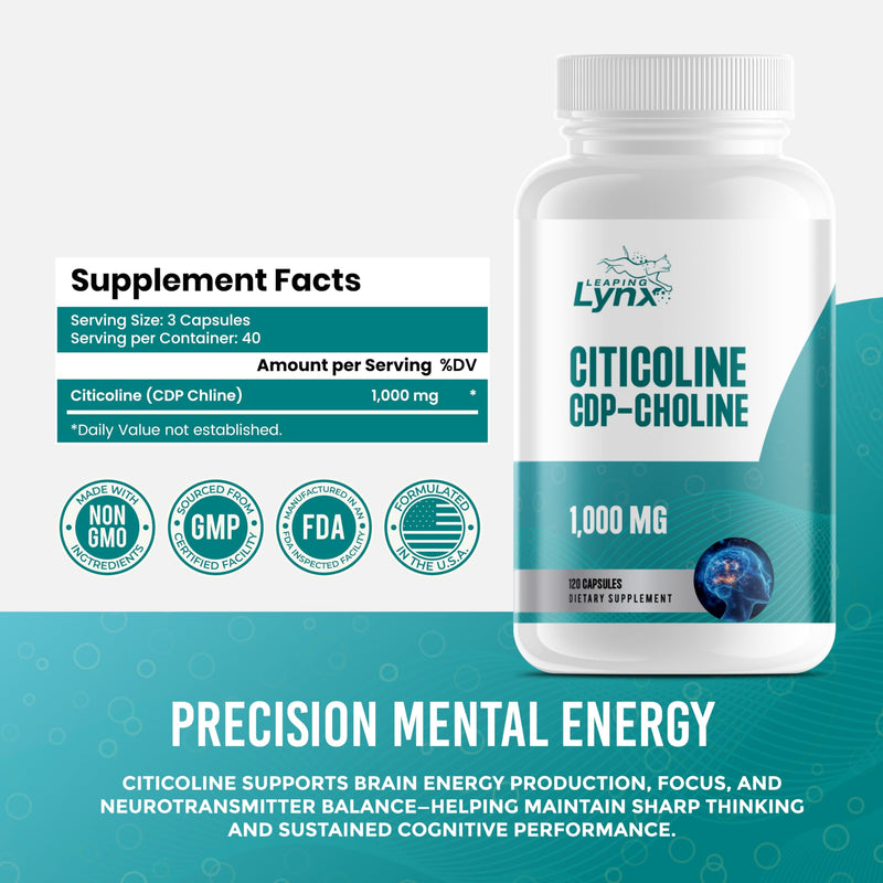 Leaping Lynx Citicoline 1000 mg (CDP Choline) Capsules – 120 Count – CDP Choline Supplement for Brain, Focus & Memory Support – Nootropic Choline Supplement – Non-GMO, ISO-Certified