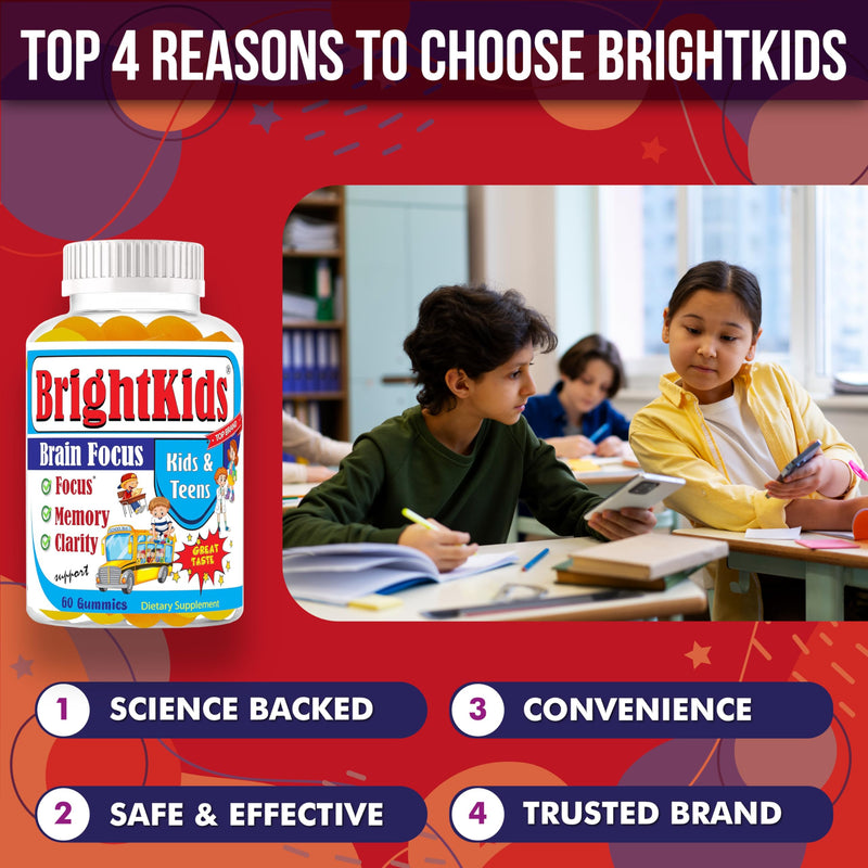 BrightKids Focus Gummies for Kids & Teens – Brain Gummies for Memory and Focus, Omega 3 DHA Brain Vitamins for Kids, Attention & Learning Support Childrens Vitamins, Drug-Free, Made in USA, 60 Count