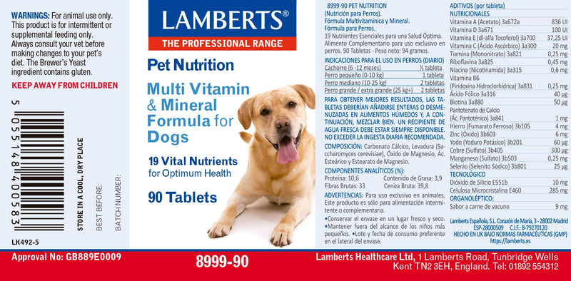 Lamberts Multivitamin for Dogs – With Zinc, Selenium & Vitamins A, C & E – Beef-Flavoured Daily Tablets – 90 Tablets of Dogs