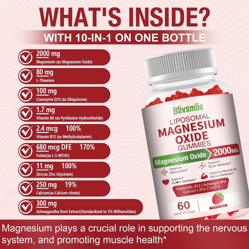 Liposomal Magnesium Oxide Gummies 2000mg Complex Ashwagandha,CoQ10, L-Theanine, L-5-MTHF, Methyl B12, Zinc for Sleep & Energy,Stress Relief,Heart Health,Neuro Support 60 Count (Pack of 1)