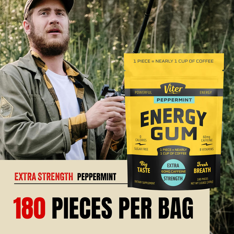 Viter Energy 60mg Caffeine Gum (Peppermint Flavor, 180 Pieces) - Sugar Free, Vitamin B3, B6, B9, B12, Zero Calories, Caffeinated Energy Chews, Nootropic Focus Supplement for Men & Women Peppermint 180 Count (Pack of 1)