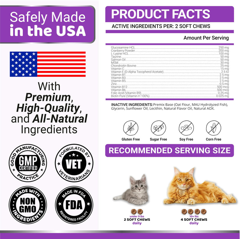 Cat Multivitamin Chews - Cat Vitamins and Supplements - Taurine & Lysine for Cats - Omega-3, Glucosamine, Cranberry - Skin & Coat, Hip & Joint Support - Immune Health, Skin, Heart, Digestion Cat Multivitamin 120 Chews