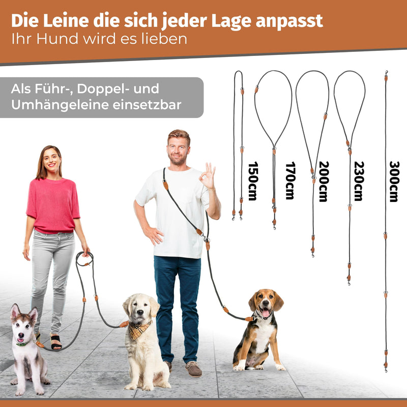 flixpet® - Dog leash 3 m adjustable for large and medium-sized dogs double leash neck leash made of paracord robust up to 200kg load capacity | 3 meters long x 11mm (Olive Green-Brown) Olive Green/Brown - BeesActive Australia
