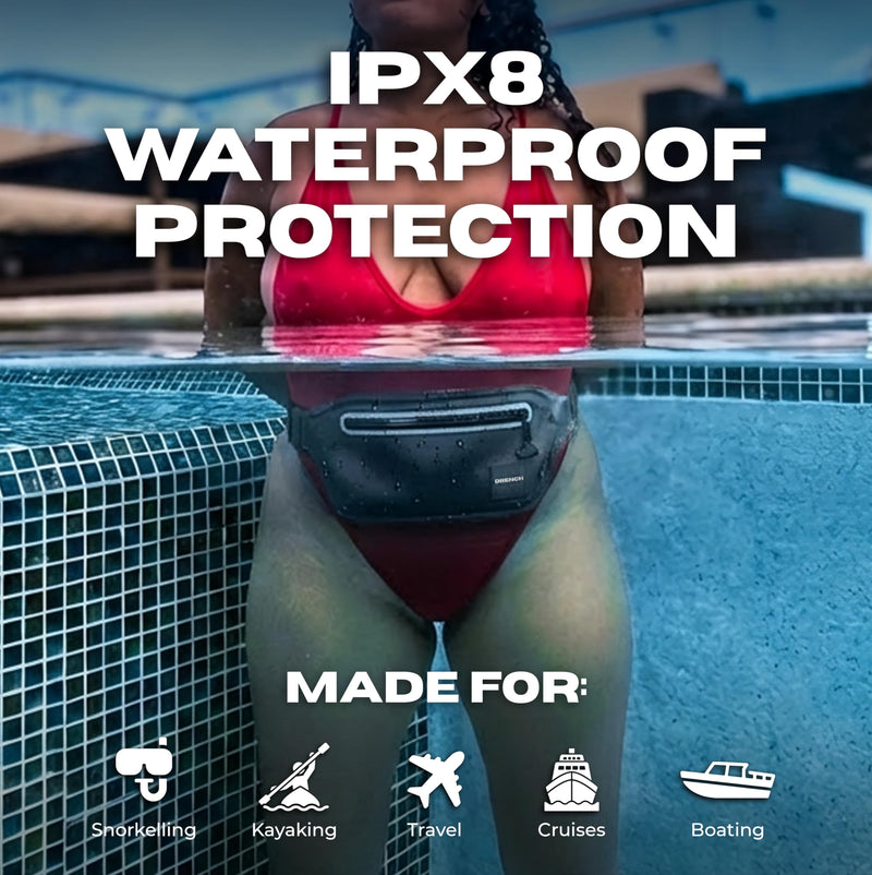 Drench 100% Underwater Waterproof Fanny Pack. Waist Pack. Submersible Waterproof Phone Pouch. Dry Bag for Swimming, Boating, SUP & Snorkelling. Underwater Phone case. Floating Belt Bag Black Fanny Pack - BeesActive Australia