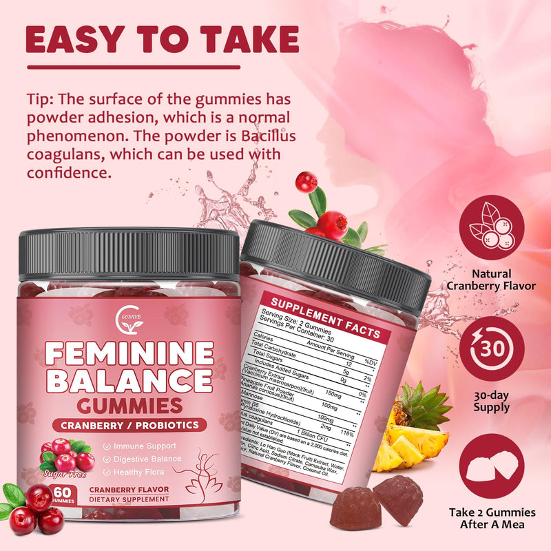 Premium Feminine Balance Gummies for Women with Cranberry Pineapple Powder | Support pH Balance & Vaginal Probiotics Health Gummies with D-Mannose , Sugar Free, Gluten Free, Vegan 60 Count (Pack of 1)
