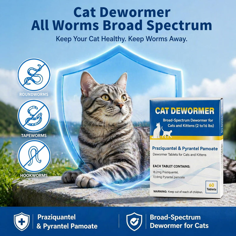 Cat Dewormer Tablet for Cats & Kittens – Praziquantel & Pyrantel Pamoate, Broad Spectrum Dewormer for Tapeworms, Roundworms & Hookworms, 60 Tablets