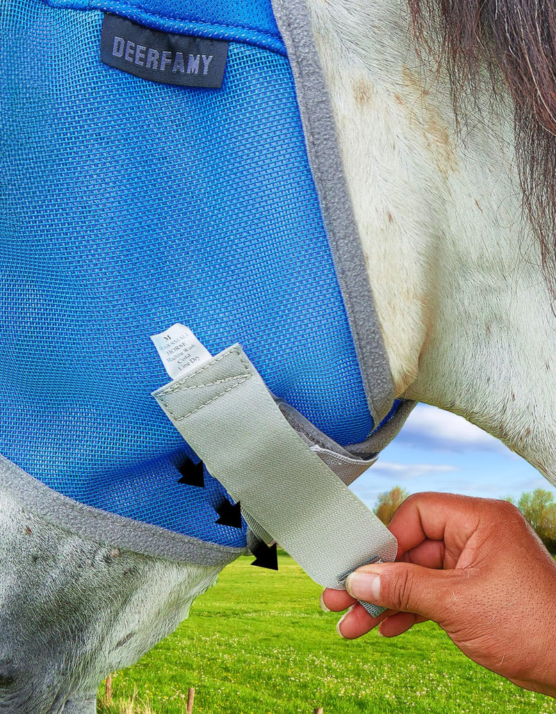 DEERFAMY Fly Masks for Horses,Breathable UV Protection Net Mesh Mask Stretchy Mesh Large Eye Space in Full Coverage,Soft & Gentle on Skin,with Ears,No Nose (Blue, M) Blue Arab/Small Horse(M) - BeesActive Australia