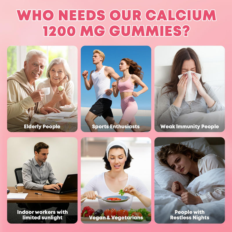 Calcium Citrate Gummies 1200 mg with Vitamin D3, K2 for Women & Men | High Absorption Calcium Supplements or Bone, Muscle & Immune Support, Sugar Free, Vegan, Peach Flavor, 60 Chews, 2 Pack