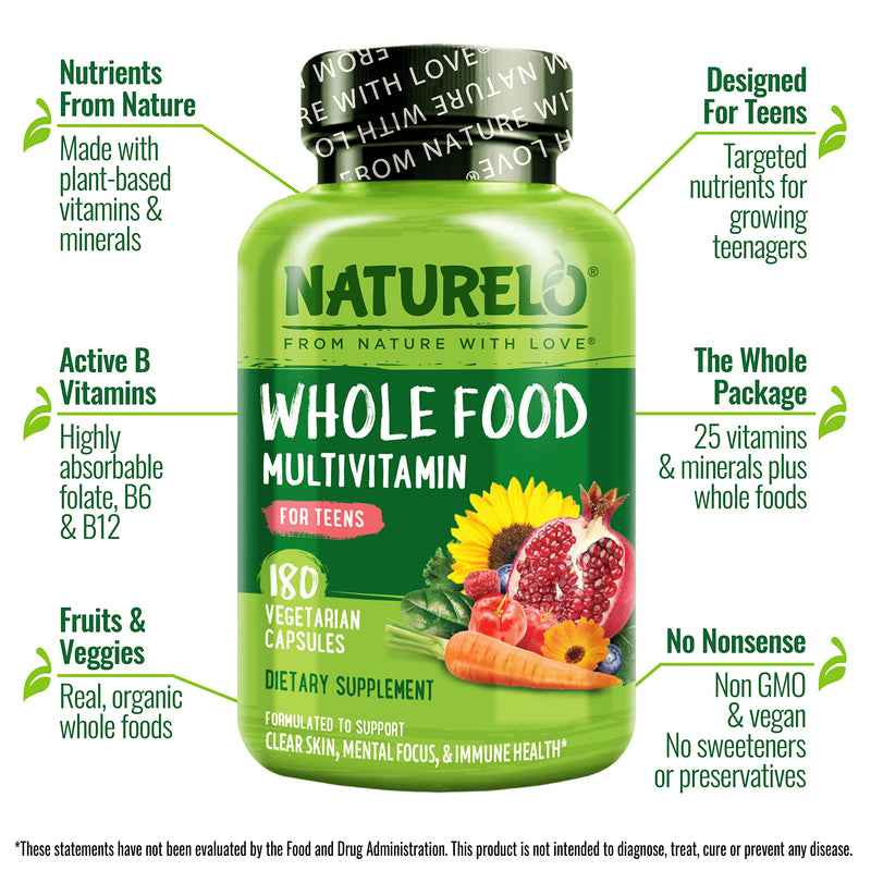 NATURELO Multivitamins for Teenage Girls/Boys, 180 Capsules | Whole Food Multivitamin with Minerals, Non-GMO, Vegetarian 180 Count (Pack of 1)