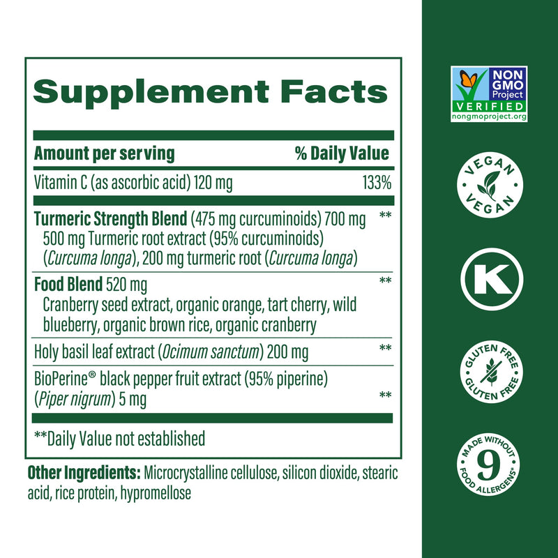MegaFood Turmeric Curcumin Extra Strength - Whole Body - Turmeric Curcumin with Black Pepper- 475mg Curcuminoids - Holy Basil, Tart Cherry - Made without 9 Food Allergens - 120 Tabs (60 Servings) 120 Count (Pack of 1) - BeesActive Australia