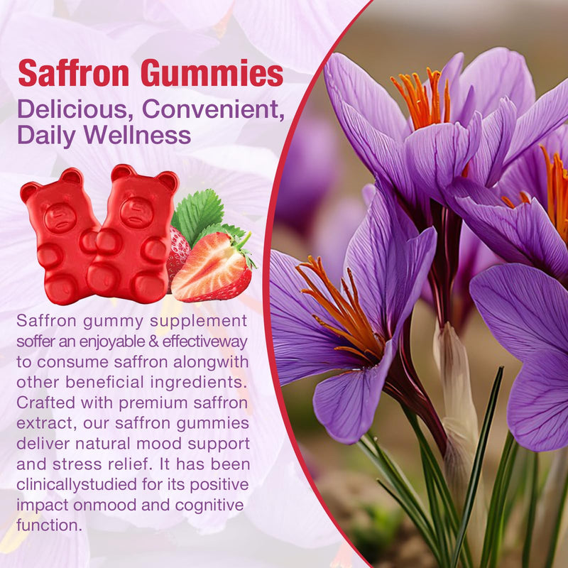 2 Pack Saffron Gummies, 10-in-1 Saffron Supplement, Contains 88.5 mg of Saffron Extract, Mood & Sleep Support, Sugar-Free, Strawberry Flavor, 120 Count