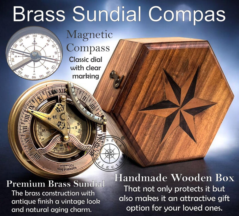 Antique Brass Sundial Compass with Wooden Box and Chart | Working Compass | Gilbert & Sons London Sun Clock Decorations Ship Replica Watch