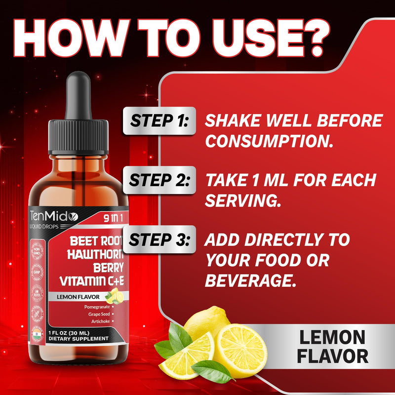 9in1 Beet Root Extract Liquid Drops with Vitamin C, Vitamin E, Hawthorn Berry, Pomegranate, Grape Seed, Artichoke, Magnesium Glycinate, and Black Pepper - 30ml 1 Fl Oz