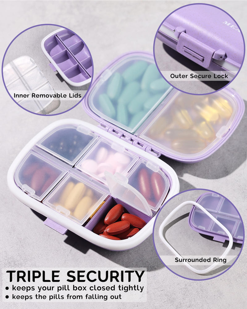 MEACOLIA 3 Pack 8 Compartments Travel Pill Organizer, Daily Pill Case Small Pill Box for Pocket Purse, Portable Pill Container Medicine Vitamin Organizer (Purple, Green, Pink) Green,pink,purple 3 Count (Pack of 1) - BeesActive Australia