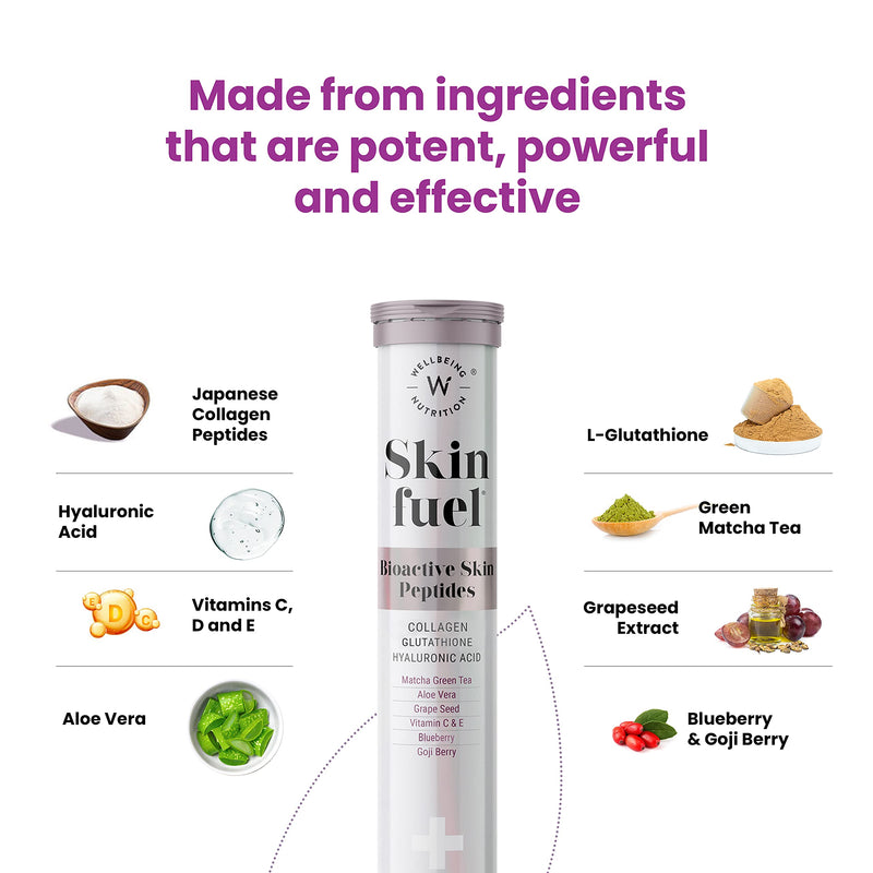 WELLBEING NUTRITION Skin Fuel with Collagen, L-Glutathione, Hyaluronic Acid, Matcha Green Tea, Aloe Vera, Grape Seed, Vitamin C, E - 30 Effervescent Tablets