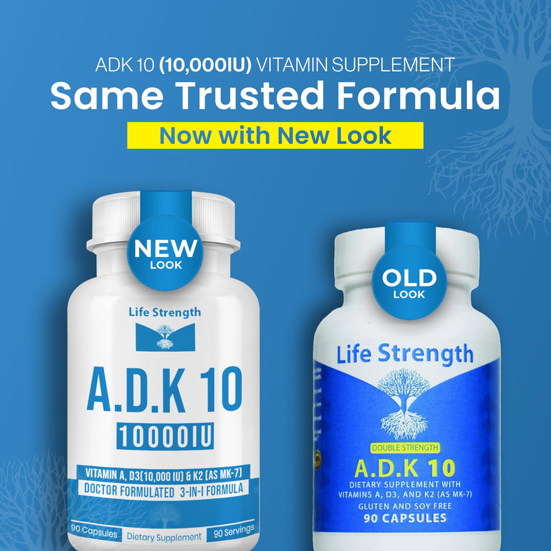 ADK 10 Supplement (180 Count) - Physician Formulated Vitamins A1, D3 & K2 (as MK7) for Bone Health - Immune System Support - Gluten Free, Soy Free, Non-GMO - 90 Capsules 2 PK 180CT