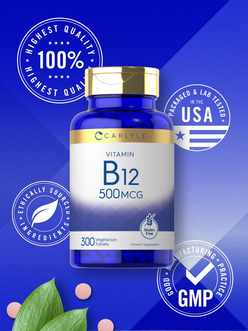 Carlyle Vitamin B-12 500mcg | 300 Tablets | Vegetarian, Non-GMO, Gluten Free Supplement