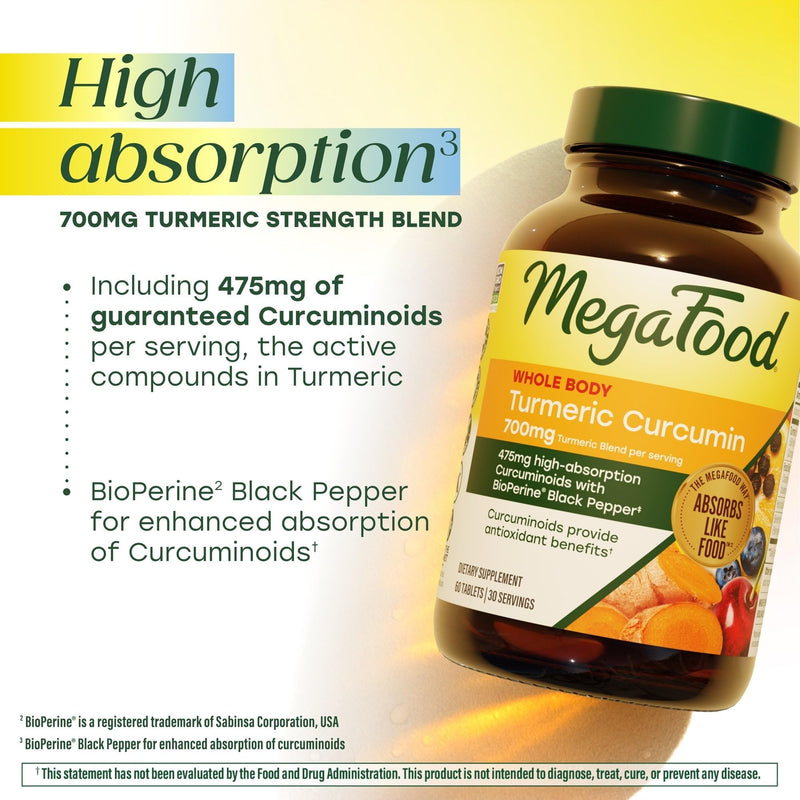 MegaFood Whole Body Turmeric Curcumin Supplement, Black Pepper, 60 Tablets | 475 mg Curcuminoids Per Serving, Turmeric With Black Pepper and Vitamin C, Antioxidant and Immune Support, Vegan, 30 Servings 60 Count (Pack of 1)