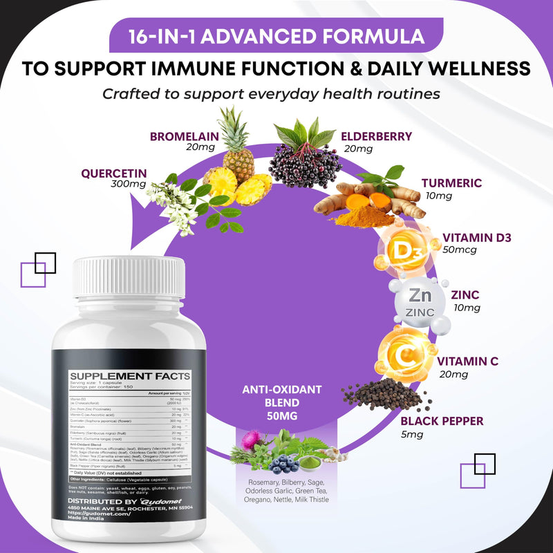 Quercetin Bromelain Zinc Vitamin D3 Elderberry Turmeric Rosemary Bilberry Sage Odorless Garlic Green Tea Milk Thistle Oregano -150 Capsules 150 count (pack of 1)