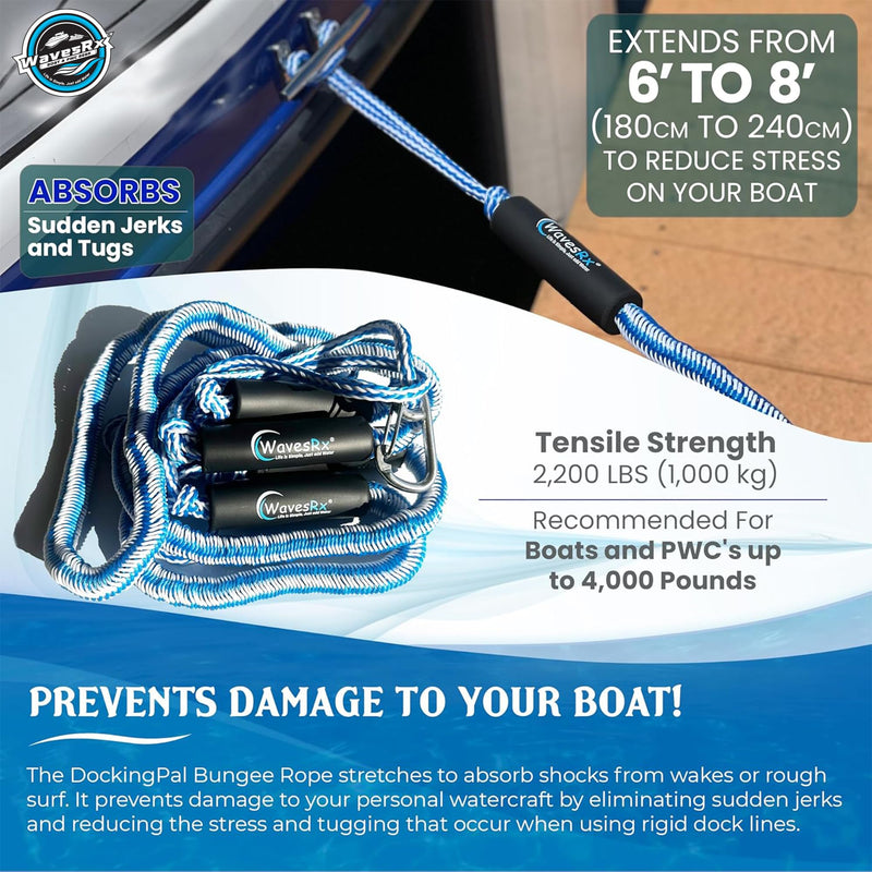 WAVESRX DockingPal - Premium Bungee Dock Line for Boats & PWC | Elastic Mooring Rope Stretches to Absorb Shocks & Prevent Damage to Your Watercraft | Safer Docking for Your Boat, Jet Ski, Pontoon 6'-8" (2PK) + Carabiner - BeesActive Australia