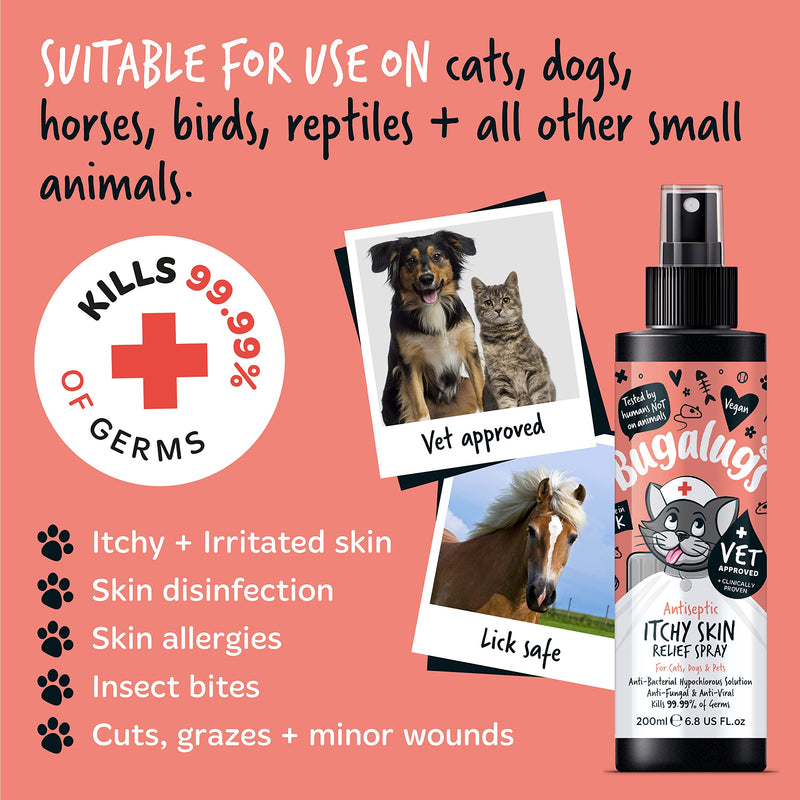 BUGALUGS Cat itchy skin relief Antiseptic spray 200ml, for kitten, cats & small animals - cat anti scratch cat spray is Antibacterial, Antifungal & Antiviral use for cat acne