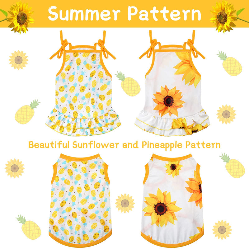 4 Pieces Pet Clothes Set Include 2 Pieces Cute Pet Dress Lovely Fruit Dog Dress and 2 Pieces Dog Shirt Breathable Pet T-Shirt Puppy Clothes for Pet (Pineapple, Sunflower,Medium) Pineapple, Sunflower Medium