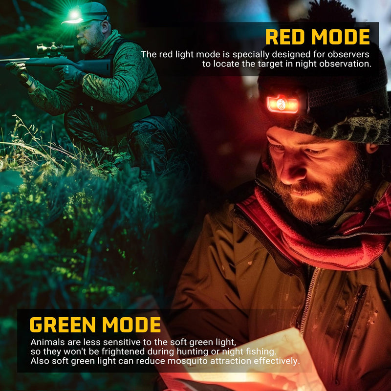 Headlamp Rechargeable 2 Pack, 1300 Lumen Ultra-Bright Head Lamp with Red Light, Waterproof Motion Sensor Head Lights for Forehead with White Green, 14 Modes Adjustable Headlight for Camping Cool Black 2 Packs
