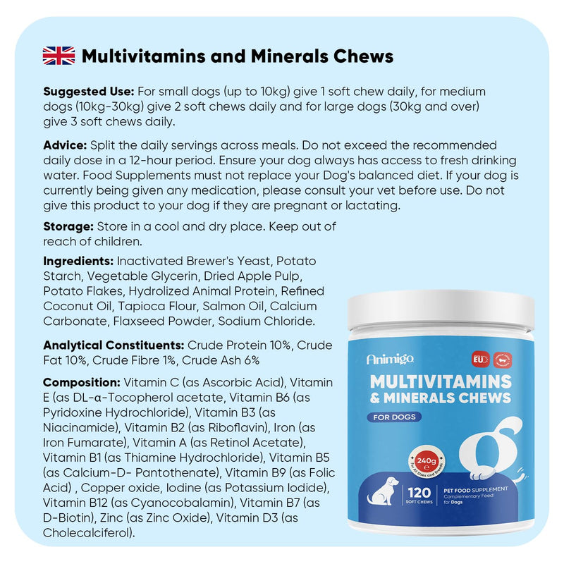 animigo Multivitamins and Minerals for Dogs - 120 Soft Chews - With 18 Vitamins & Minerals - Easy to Chew & Gentle Formulation - Suitable For All Breeds - Lactose-Free & Soy-Free